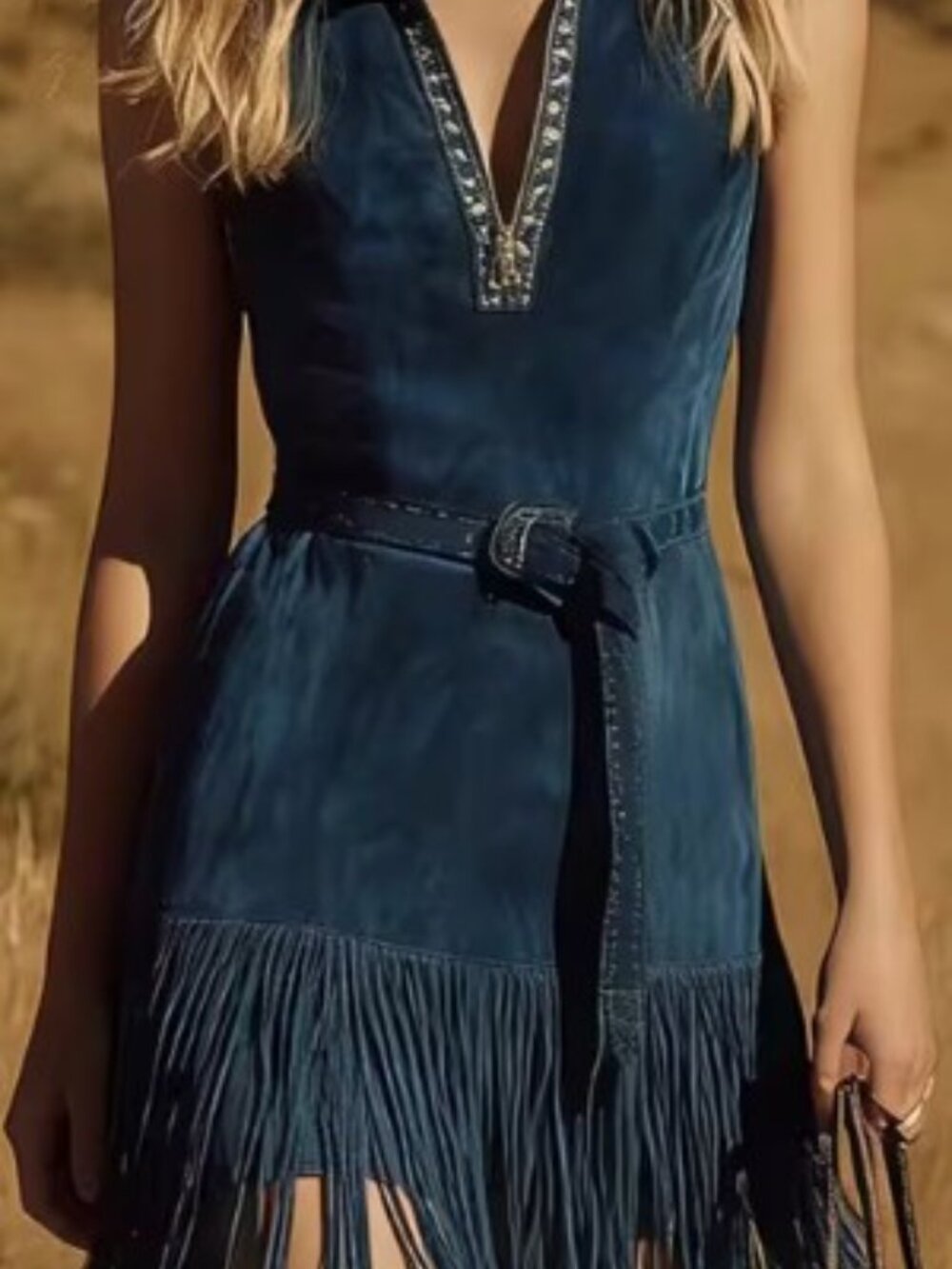 NWOT Blue Suede Boho Fringe Sleeveless Dress with Belt - Sz XL